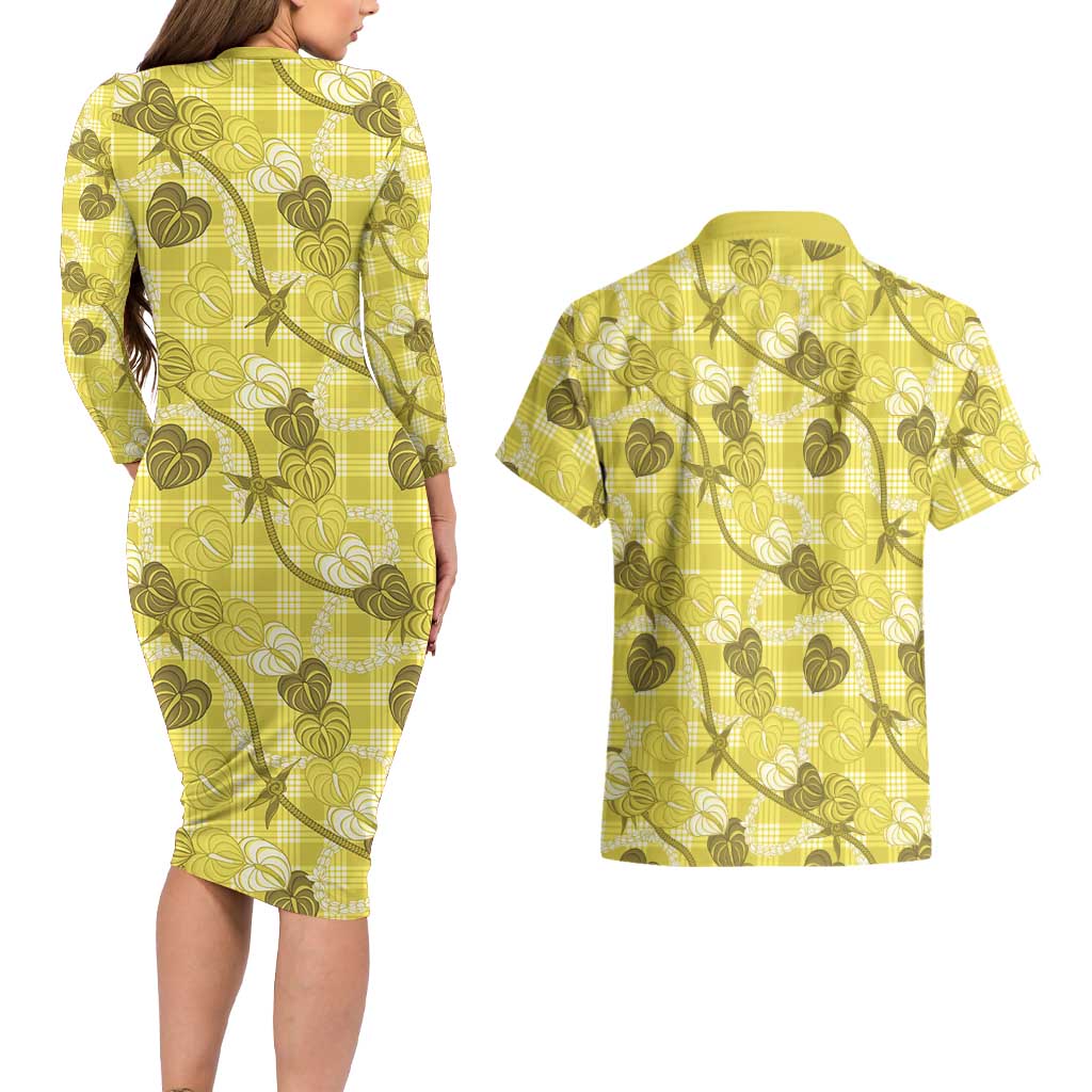 Anthurium Pikake Ti Leaf Palaka Couples Matching Long Sleeve Bodycon Dress and Hawaiian Shirt Yellow Version LT01 - Polynesian Pride
