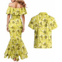 Anthurium Pikake Ti Leaf Palaka Couples Matching Mermaid Dress and Hawaiian Shirt Yellow Version