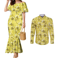 Anthurium Pikake Ti Leaf Palaka Couples Matching Mermaid Dress and Long Sleeve Button Shirt Yellow Version