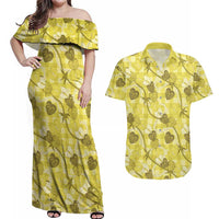 Anthurium Pikake Ti Leaf Palaka Couples Matching Off Shoulder Maxi Dress and Hawaiian Shirt Yellow Version