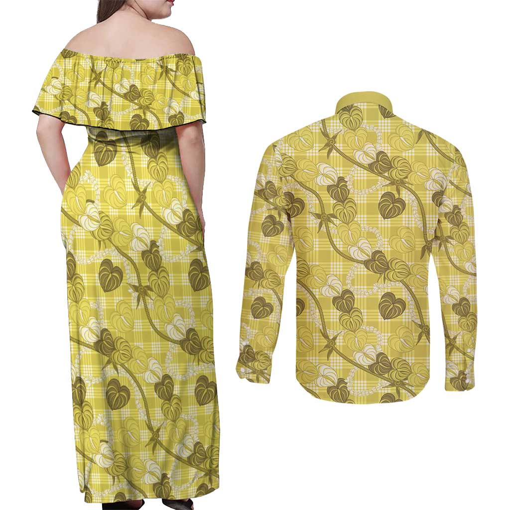 Anthurium Pikake Ti Leaf Palaka Couples Matching Off Shoulder Maxi Dress and Long Sleeve Button Shirt Yellow Version