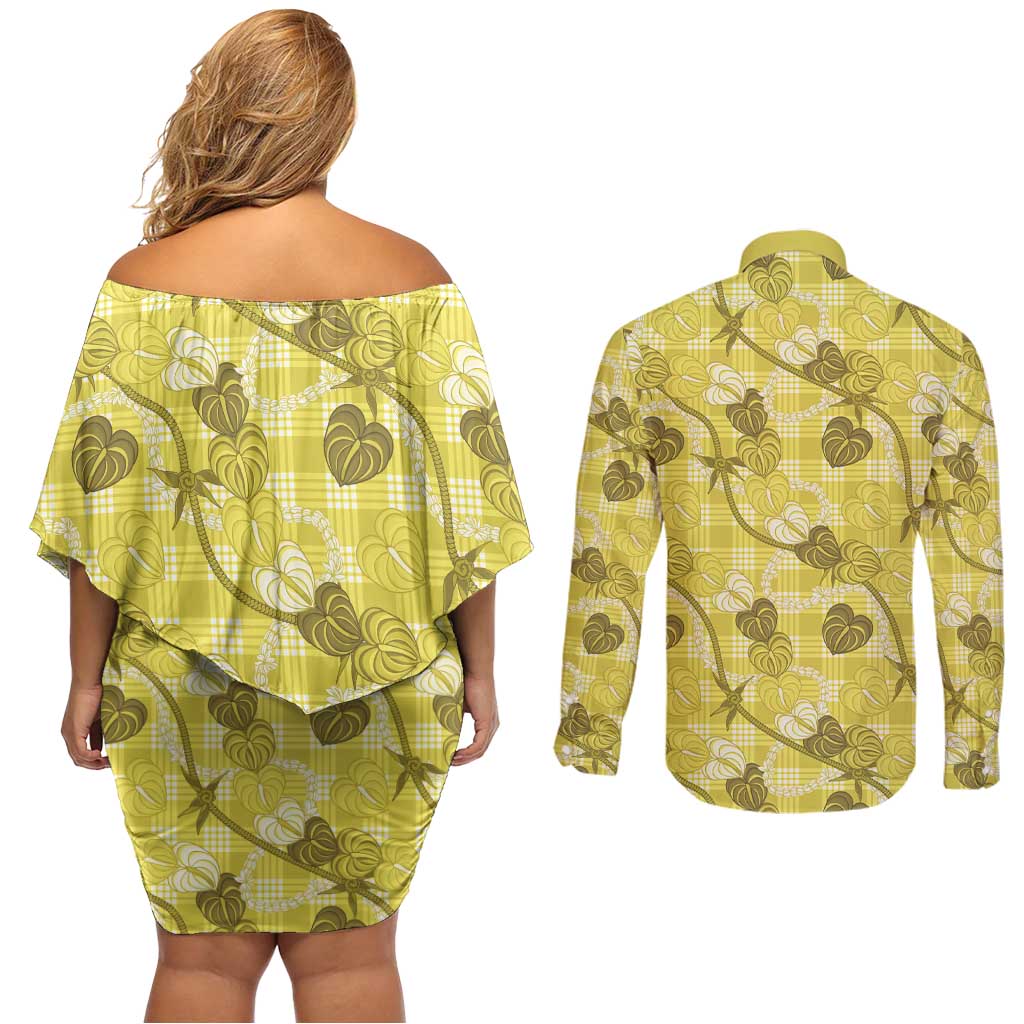 Anthurium Pikake Ti Leaf Palaka Couples Matching Off Shoulder Short Dress and Long Sleeve Button Shirt Yellow Version
