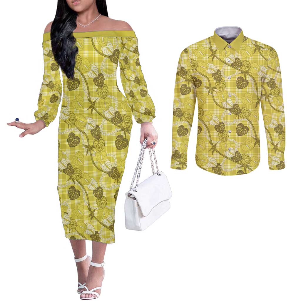 Anthurium Pikake Ti Leaf Palaka Couples Matching Off The Shoulder Long Sleeve Dress and Long Sleeve Button Shirt Yellow Version LT01 Yellow - Polynesian Pride
