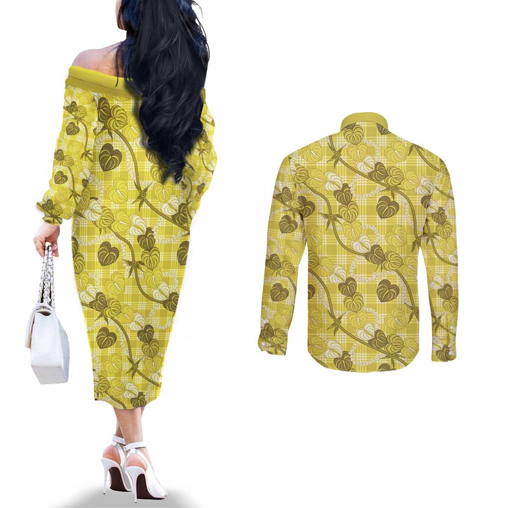 Anthurium Pikake Ti Leaf Palaka Couples Matching Off The Shoulder Long Sleeve Dress and Long Sleeve Button Shirt Yellow Version LT01 - Polynesian Pride