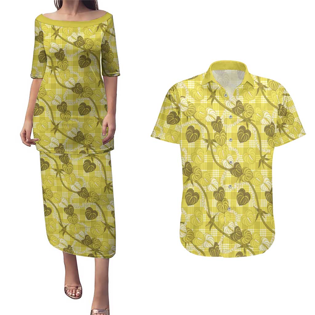 Anthurium Pikake Ti Leaf Palaka Couples Matching Puletasi and Hawaiian Shirt Yellow Version