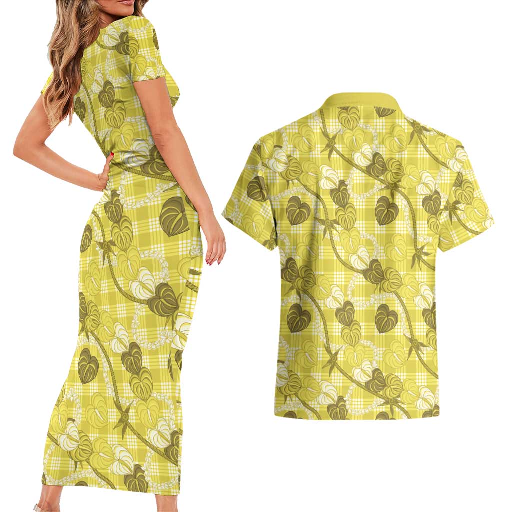 Anthurium Pikake Ti Leaf Palaka Couples Matching Short Sleeve Bodycon Dress and Hawaiian Shirt Yellow Version