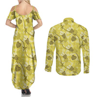 Anthurium Pikake Ti Leaf Palaka Couples Matching Summer Maxi Dress and Long Sleeve Button Shirt Yellow Version