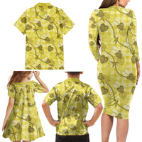 Anthurium Pikake Ti Leaf Palaka Family Matching Long Sleeve Bodycon Dress and Hawaiian Shirt Yellow Version