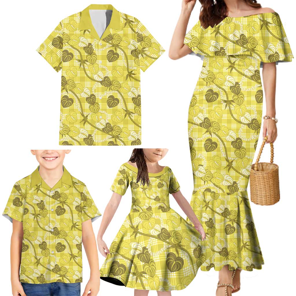 Anthurium Pikake Ti Leaf Palaka Family Matching Mermaid Dress and Hawaiian Shirt Yellow Version