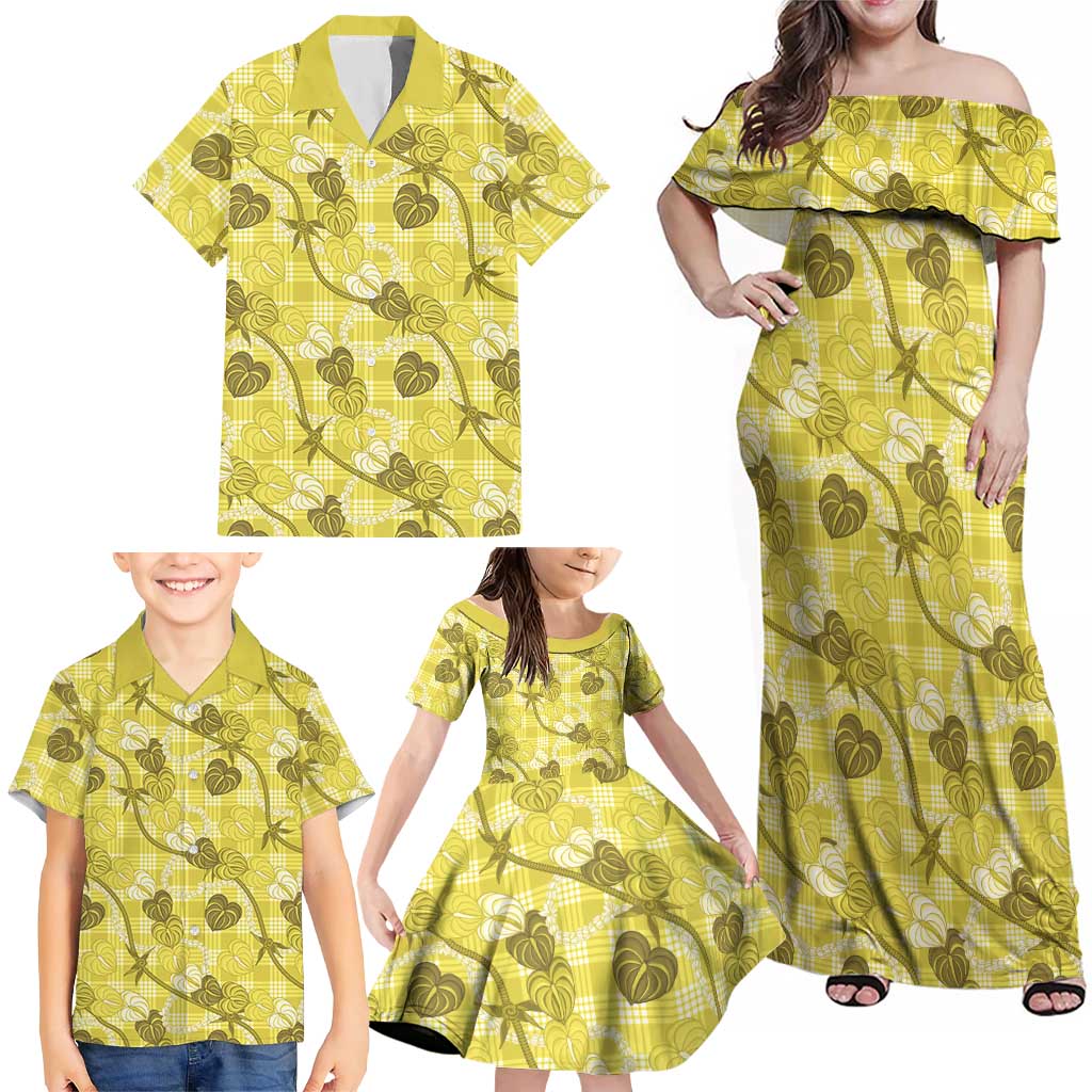 Anthurium Pikake Ti Leaf Palaka Family Matching Off Shoulder Maxi Dress and Hawaiian Shirt Yellow Version