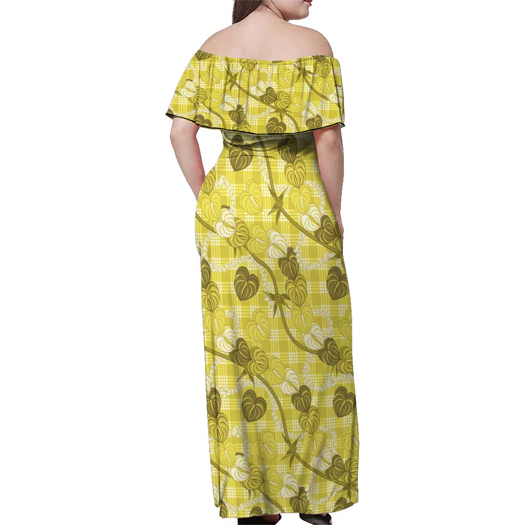 Anthurium Pikake Ti Leaf Palaka Family Matching Off Shoulder Maxi Dress and Hawaiian Shirt Yellow Version