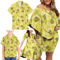 Anthurium Pikake Ti Leaf Palaka Family Matching Off Shoulder Short Dress and Hawaiian Shirt Yellow Version
