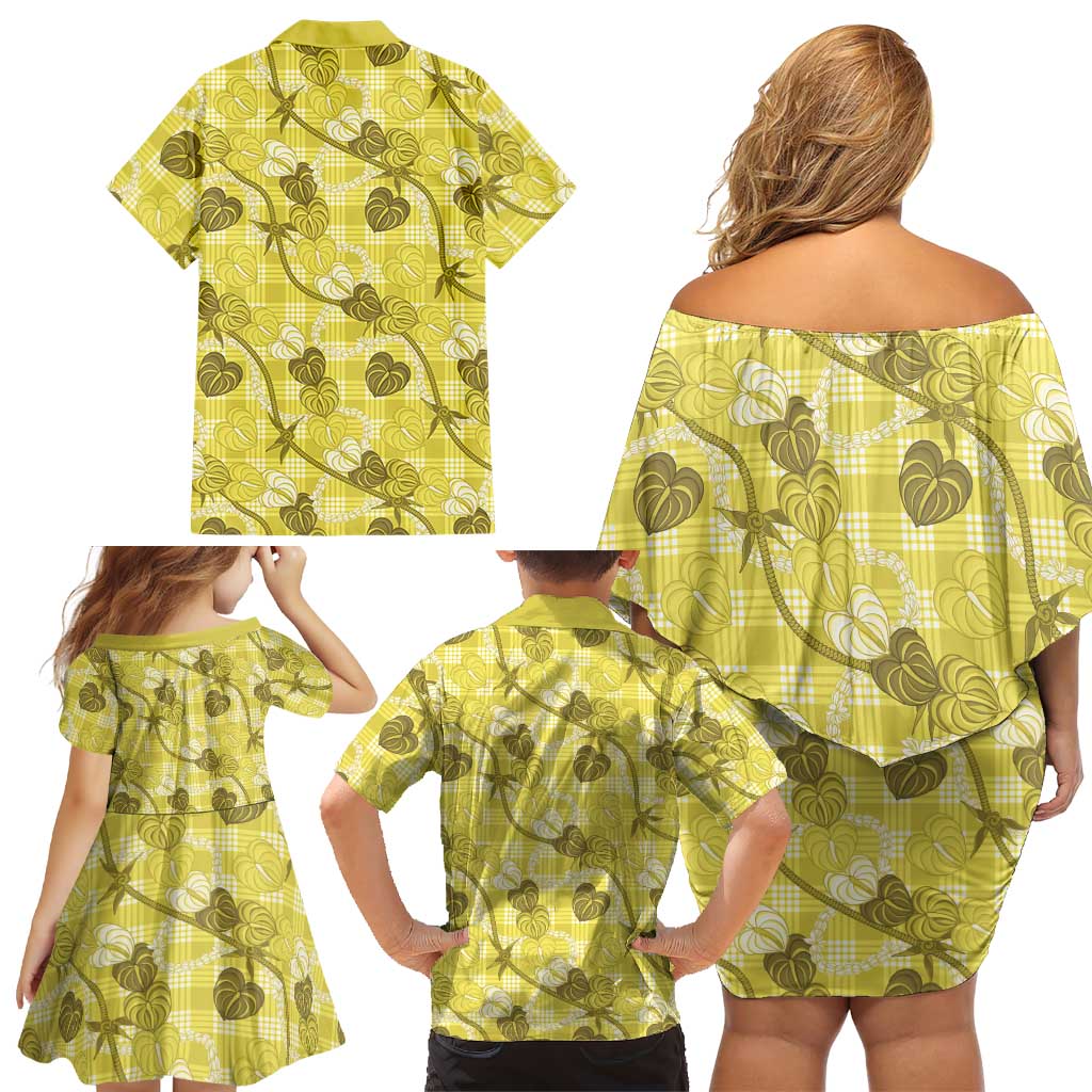 Anthurium Pikake Ti Leaf Palaka Family Matching Off Shoulder Short Dress and Hawaiian Shirt Yellow Version