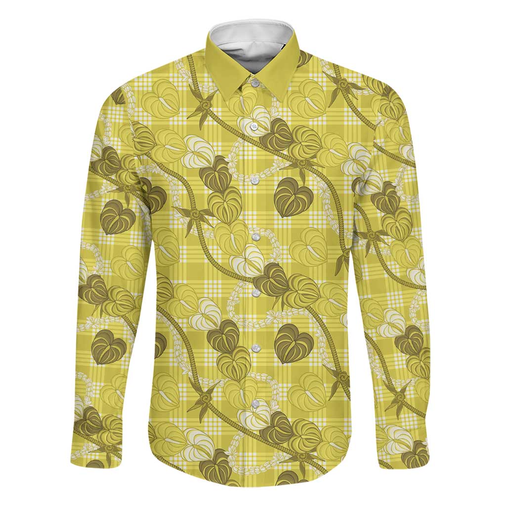 Anthurium Pikake Ti Leaf Palaka Family Matching Off Shoulder Short Dress and Hawaiian Shirt Yellow Version