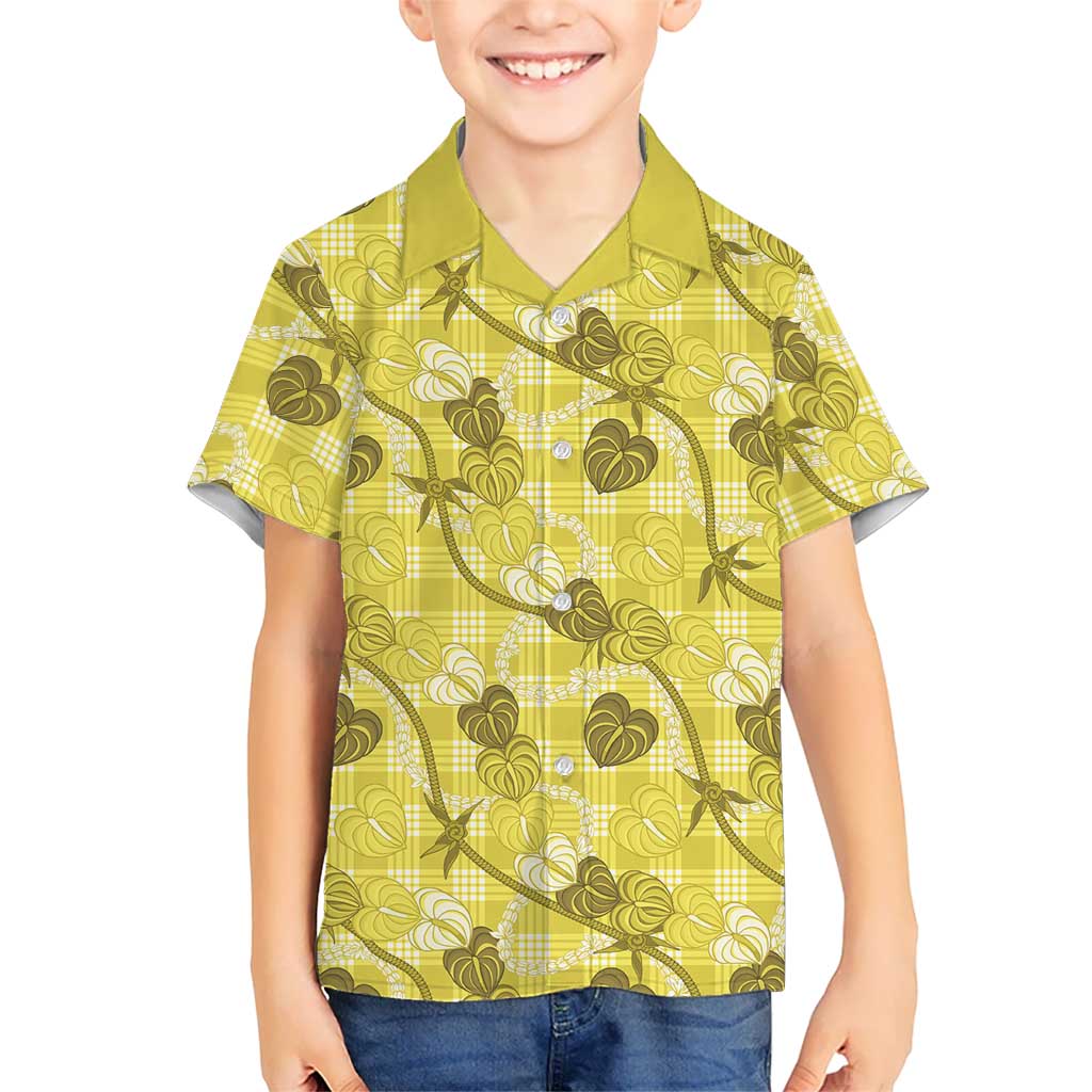 Anthurium Pikake Ti Leaf Palaka Family Matching Off Shoulder Short Dress and Hawaiian Shirt Yellow Version