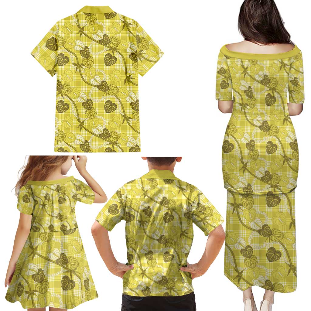Anthurium Pikake Ti Leaf Palaka Family Matching Puletasi and Hawaiian Shirt Yellow Version
