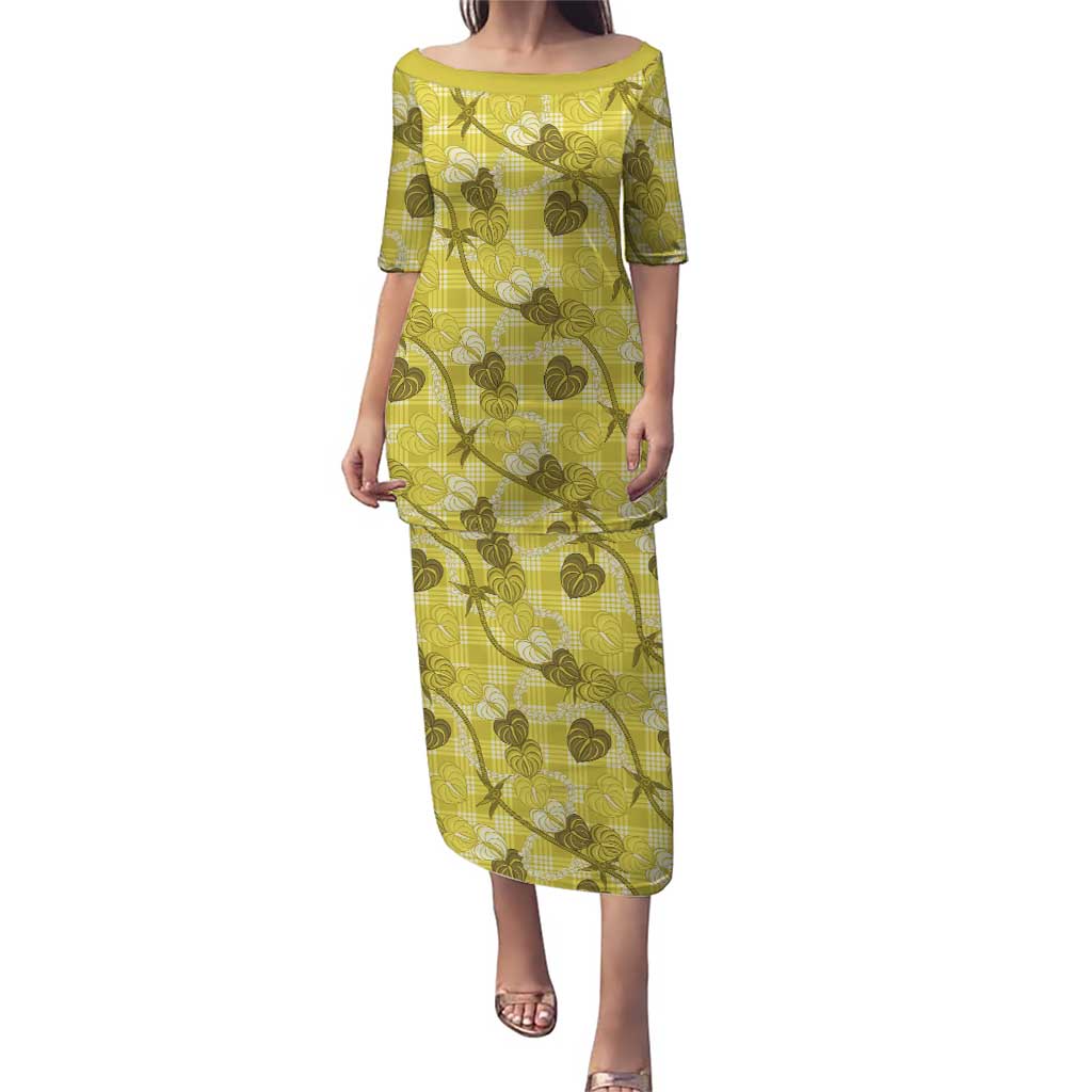 Anthurium Pikake Ti Leaf Palaka Family Matching Puletasi and Hawaiian Shirt Yellow Version