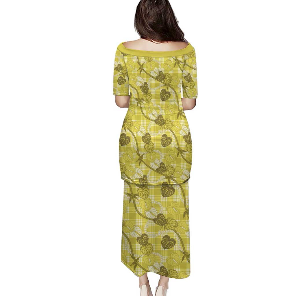 Anthurium Pikake Ti Leaf Palaka Family Matching Puletasi and Hawaiian Shirt Yellow Version