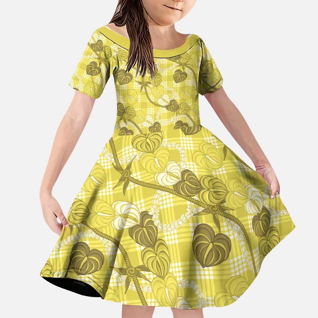 Anthurium Pikake Ti Leaf Palaka Family Matching Short Sleeve Bodycon Dress and Hawaiian Shirt Yellow Version