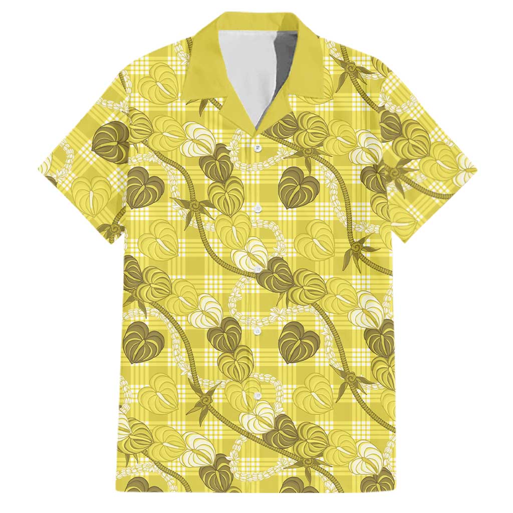 Anthurium Pikake Ti Leaf Palaka Family Matching Short Sleeve Bodycon Dress and Hawaiian Shirt Yellow Version