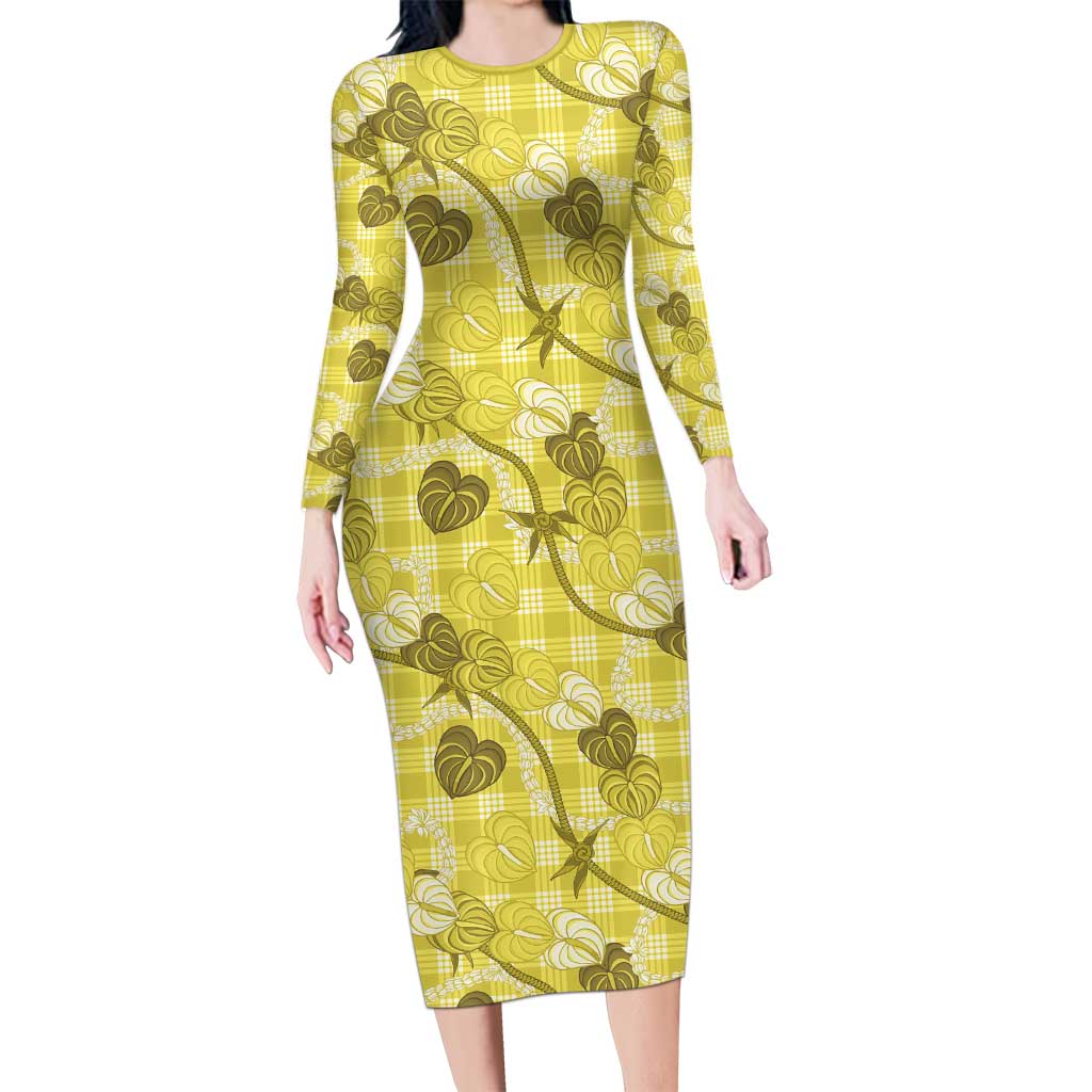 Anthurium Pikake Ti Leaf Palaka Long Sleeve Bodycon Dress Yellow Version
