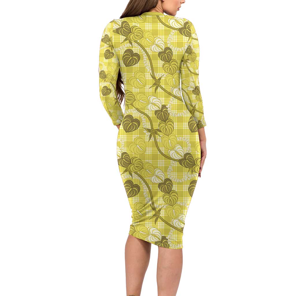 Anthurium Pikake Ti Leaf Palaka Long Sleeve Bodycon Dress Yellow Version
