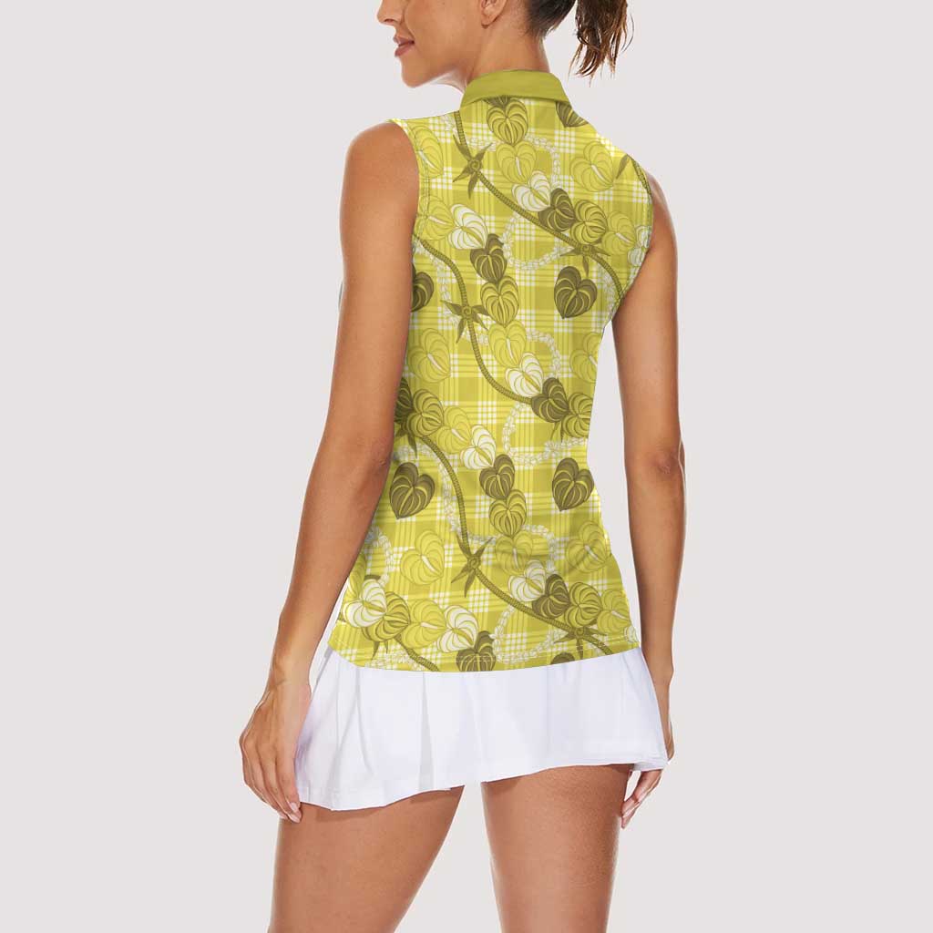 Anthurium Pikake Ti Leaf Palaka Women Sleeveless Polo Shirt Yellow Version LT01 - Polynesian Pride