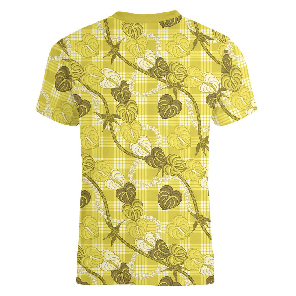 Anthurium Pikake Ti Leaf Palaka Women V-Neck T-Shirt Yellow Version LT01 - Polynesian Pride