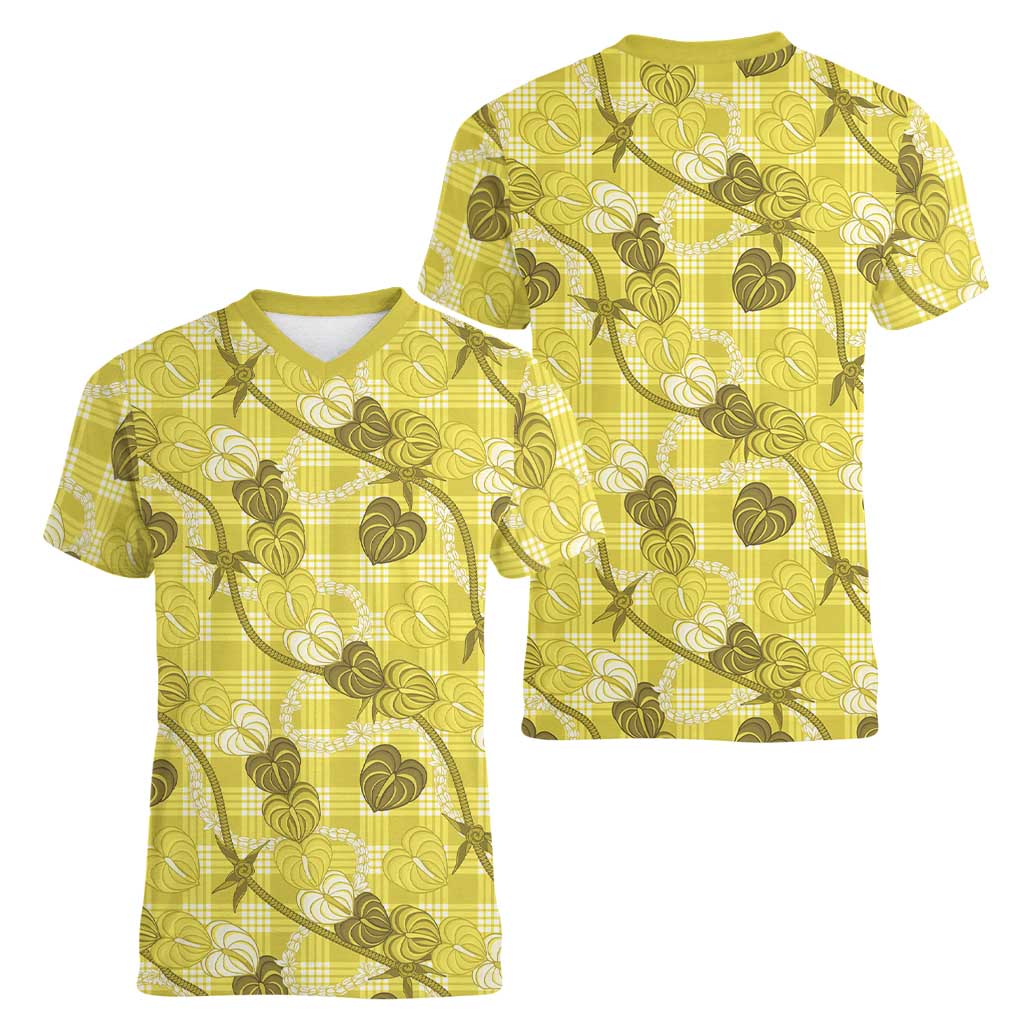 Anthurium Pikake Ti Leaf Palaka Women V-Neck T-Shirt Yellow Version LT01 - Polynesian Pride