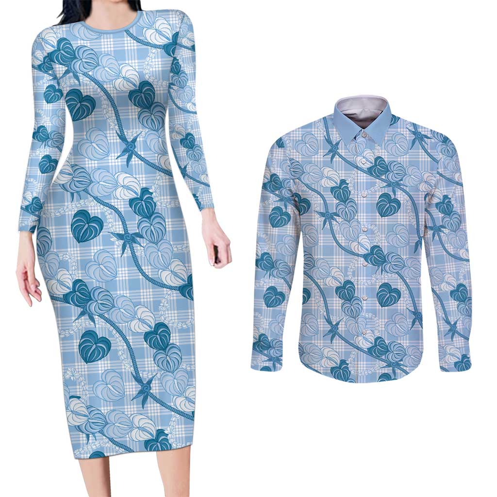 Anthurium Pikake Ti Leaf Palaka Couples Matching Long Sleeve Bodycon Dress and Long Sleeve Button Shirt Blue Version
