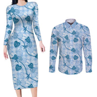Anthurium Pikake Ti Leaf Palaka Couples Matching Long Sleeve Bodycon Dress and Long Sleeve Button Shirt Blue Version