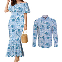 Anthurium Pikake Ti Leaf Palaka Couples Matching Mermaid Dress and Long Sleeve Button Shirt Blue Version
