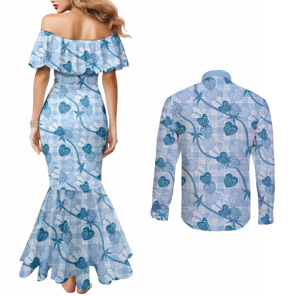 Anthurium Pikake Ti Leaf Palaka Couples Matching Mermaid Dress and Long Sleeve Button Shirt Blue Version