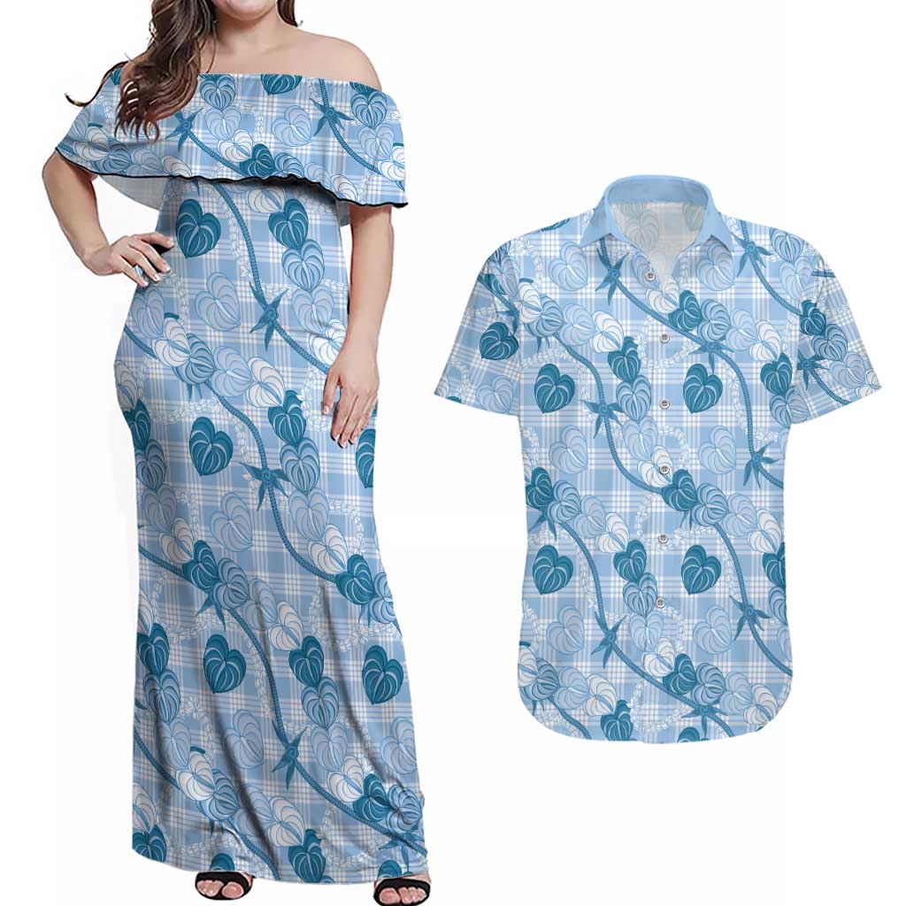 Anthurium Pikake Ti Leaf Palaka Couples Matching Off Shoulder Maxi Dress and Hawaiian Shirt Blue Version LT01 Blue - Polynesian Pride