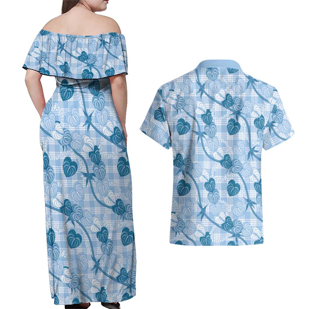 Anthurium Pikake Ti Leaf Palaka Couples Matching Off Shoulder Maxi Dress and Hawaiian Shirt Blue Version LT01 - Polynesian Pride