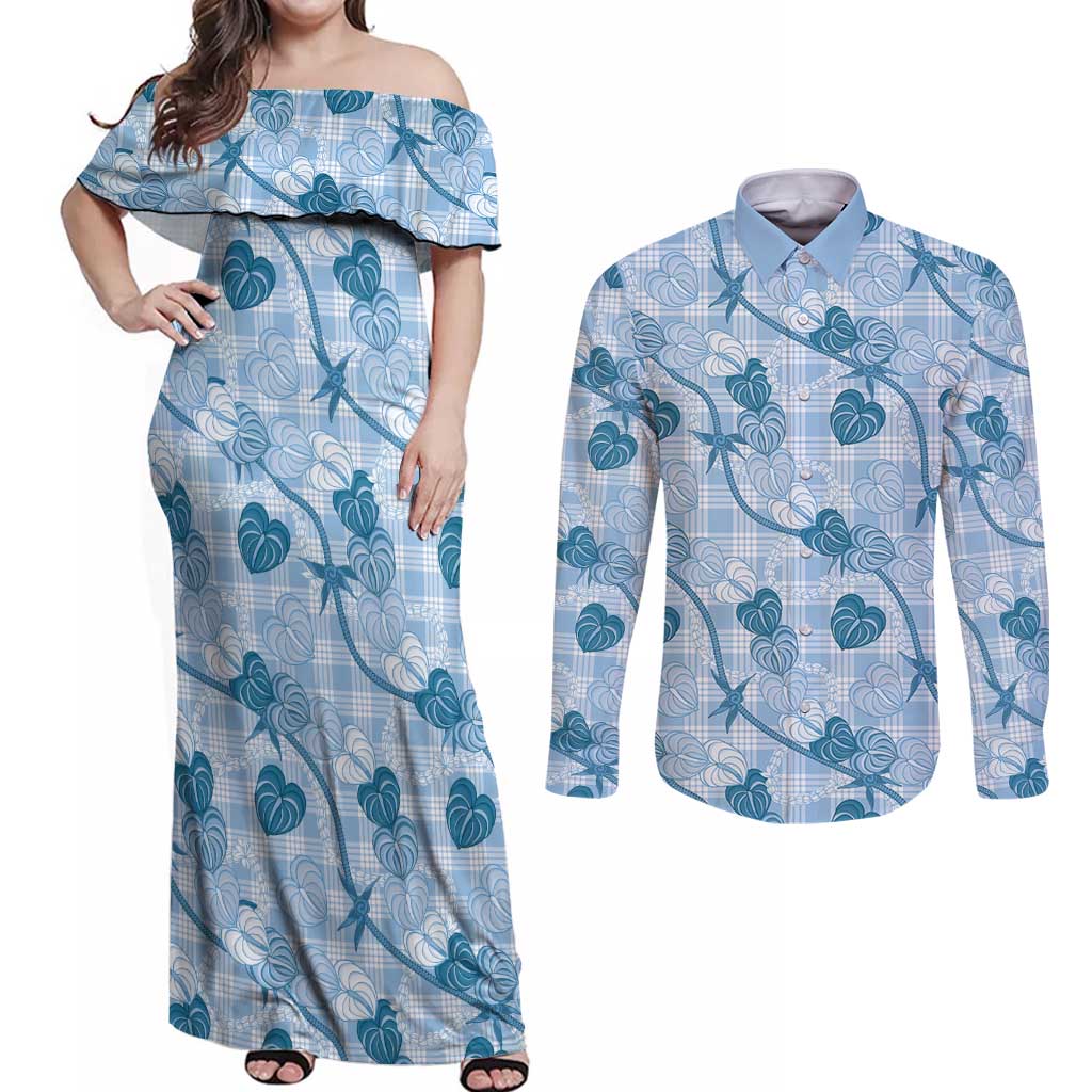 Anthurium Pikake Ti Leaf Palaka Couples Matching Off Shoulder Maxi Dress and Long Sleeve Button Shirt Blue Version