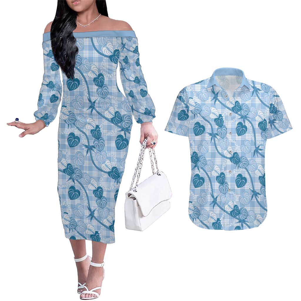 Anthurium Pikake Ti Leaf Palaka Couples Matching Off The Shoulder Long Sleeve Dress and Hawaiian Shirt Blue Version LT01 Blue - Polynesian Pride
