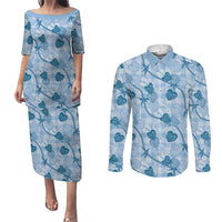 Anthurium Pikake Ti Leaf Palaka Couples Matching Puletasi and Long Sleeve Button Shirt Blue Version LT01 Blue - Polynesian Pride