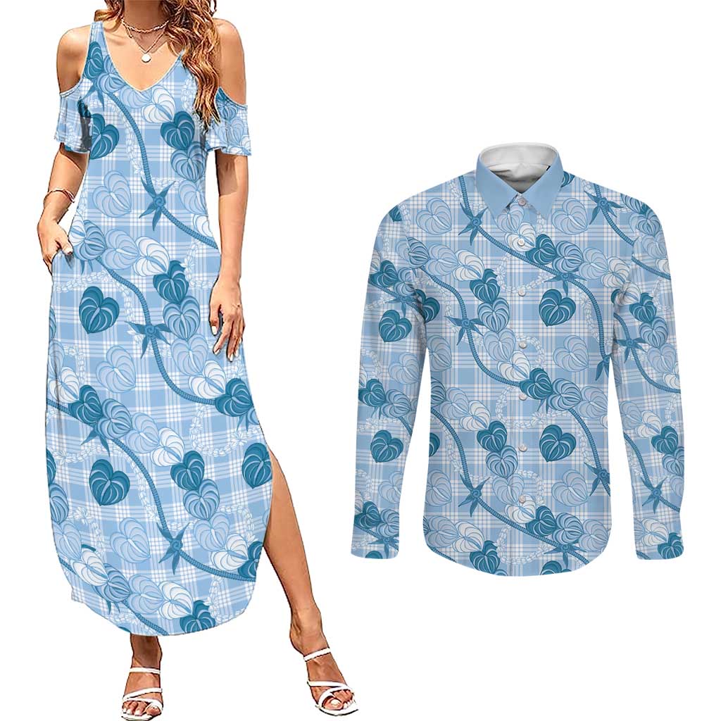 Anthurium Pikake Ti Leaf Palaka Couples Matching Summer Maxi Dress and Long Sleeve Button Shirt Blue Version LT01 Blue - Polynesian Pride