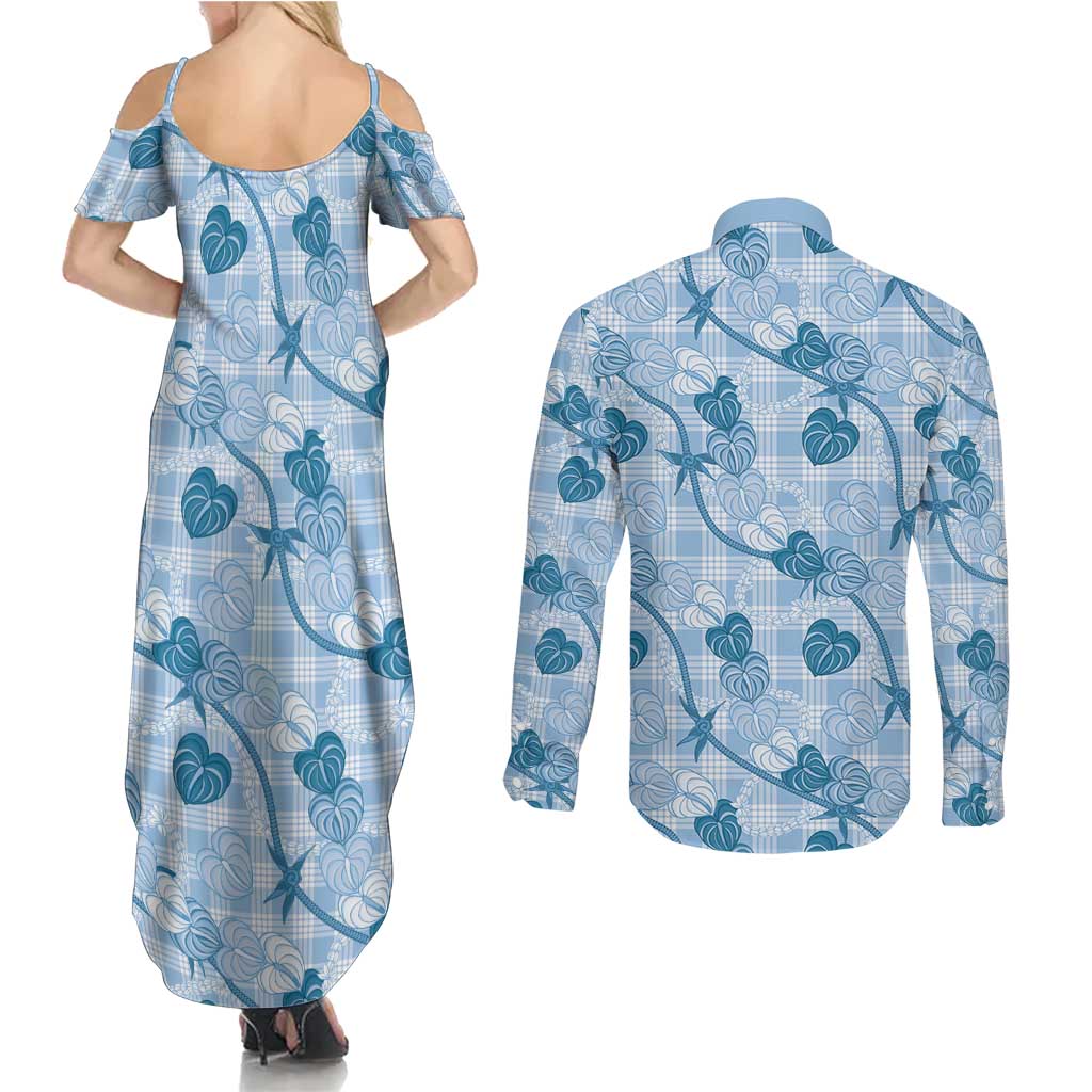 Anthurium Pikake Ti Leaf Palaka Couples Matching Summer Maxi Dress and Long Sleeve Button Shirt Blue Version LT01 - Polynesian Pride