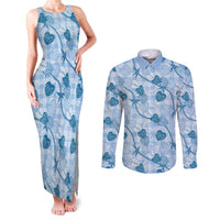 Anthurium Pikake Ti Leaf Palaka Couples Matching Tank Maxi Dress and Long Sleeve Button Shirt Blue Version