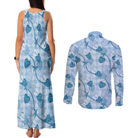Anthurium Pikake Ti Leaf Palaka Couples Matching Tank Maxi Dress and Long Sleeve Button Shirt Blue Version