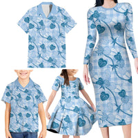 Anthurium Pikake Ti Leaf Palaka Family Matching Long Sleeve Bodycon Dress and Hawaiian Shirt Blue Version