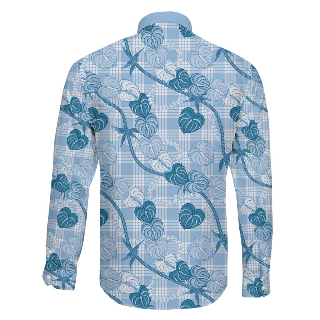 Anthurium Pikake Ti Leaf Palaka Family Matching Long Sleeve Bodycon Dress and Hawaiian Shirt Blue Version