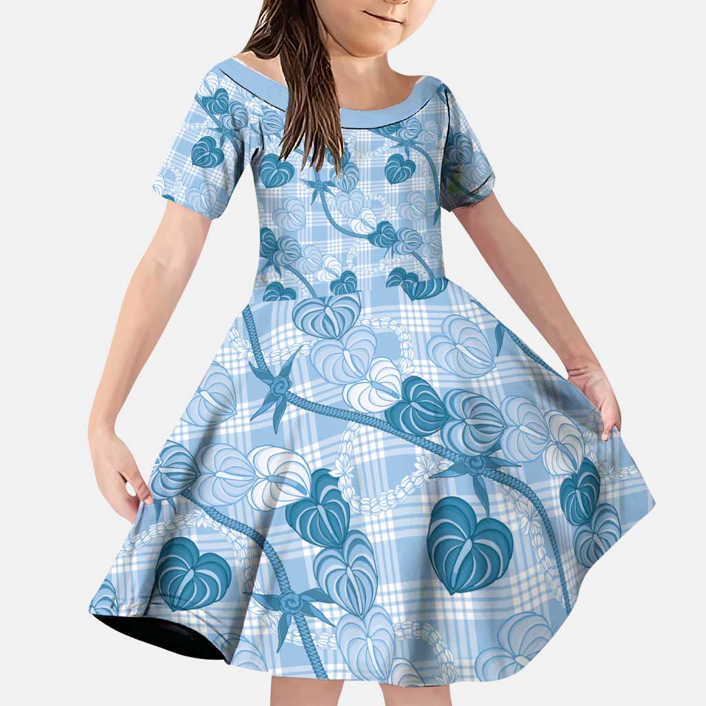 Anthurium Pikake Ti Leaf Palaka Family Matching Mermaid Dress and Hawaiian Shirt Blue Version