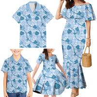 Anthurium Pikake Ti Leaf Palaka Family Matching Mermaid Dress and Hawaiian Shirt Blue Version
