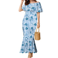 Anthurium Pikake Ti Leaf Palaka Family Matching Mermaid Dress and Hawaiian Shirt Blue Version