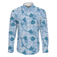 Anthurium Pikake Ti Leaf Palaka Family Matching Off The Shoulder Long Sleeve Dress and Hawaiian Shirt Blue Version