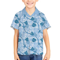 Anthurium Pikake Ti Leaf Palaka Family Matching Off The Shoulder Long Sleeve Dress and Hawaiian Shirt Blue Version
