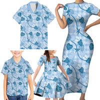 Anthurium Pikake Ti Leaf Palaka Family Matching Short Sleeve Bodycon Dress and Hawaiian Shirt Blue Version